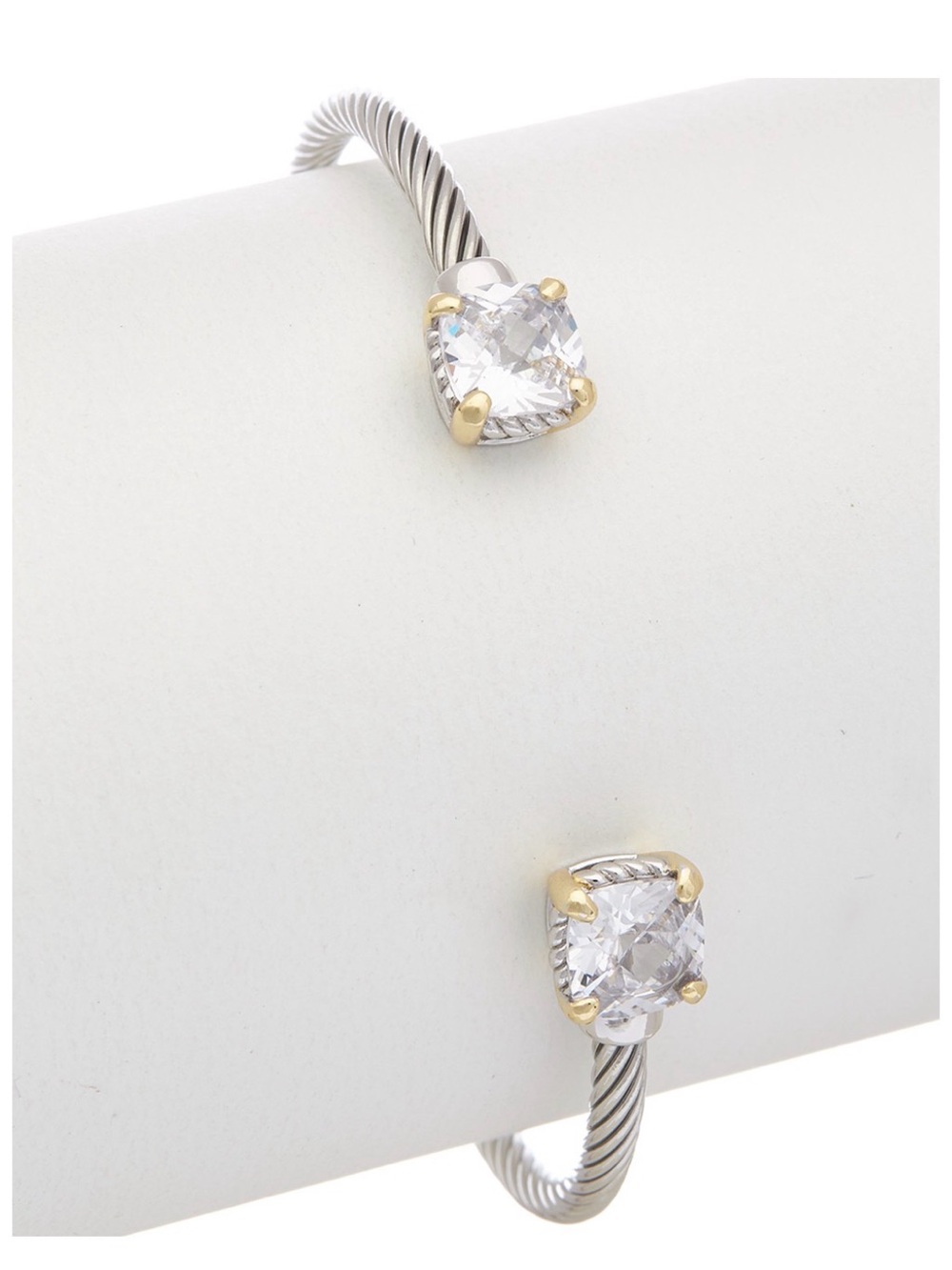 Two-Tone Silver Cable Cuff Bracelet with Clear Crystal Ends